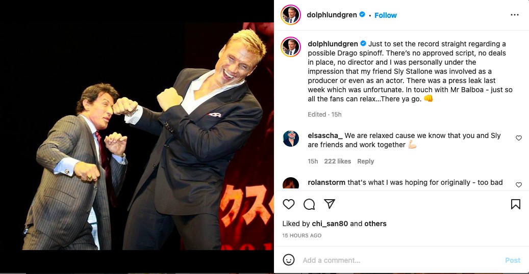 O post de Dolph Lundgren tratando das tensões envolvendo Sylvester Stallone (Foto: Instagram)