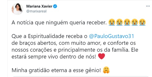Mariana Xavier: adeus a Paulo Gustavo (Foto: Reprodução Twitter)