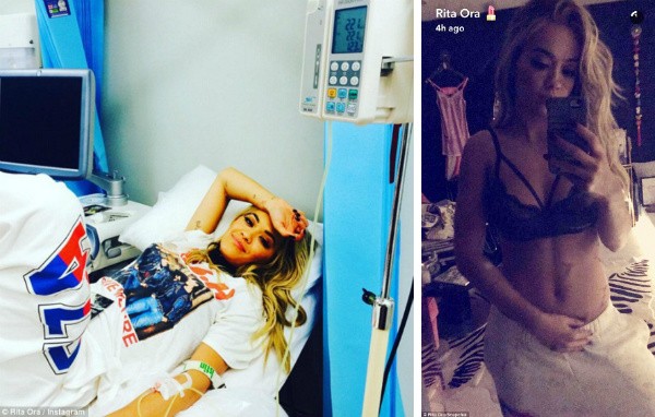 Rita Ora no hospital e depois nas filmagens de um comercial (Foto: Instagram/Snapchat)