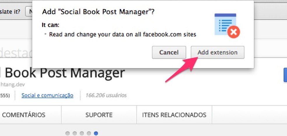 Ação para baixar e instalar a extensão Social Book Post Manager no Chrome — Foto: Reprodução/Marvin Costa