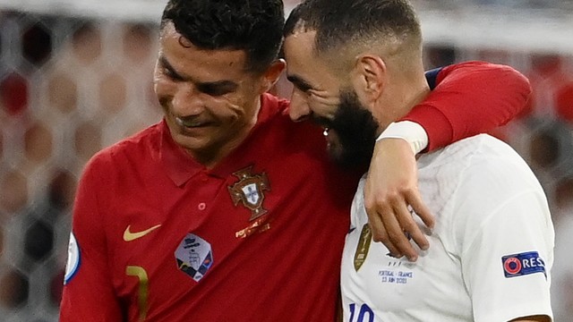 Ex-companheiros de Real Madrid, Cristiano Ronaldo e Benzema foram os artilheiros de Portugal 2 x 2 França