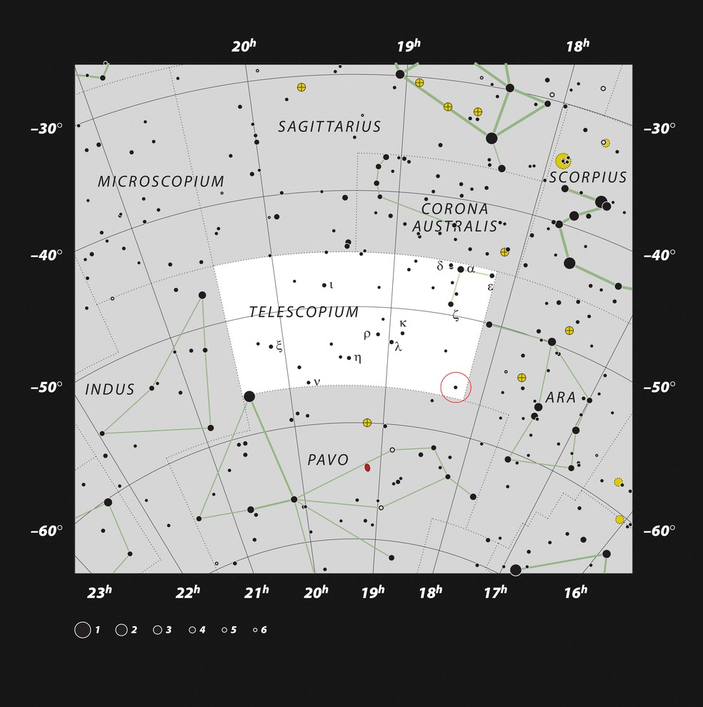 Localização do sistema HR 6819 onde está o buraco negro na constelação Telescopium — Foto: ESO, IAU and Sky & Telescope