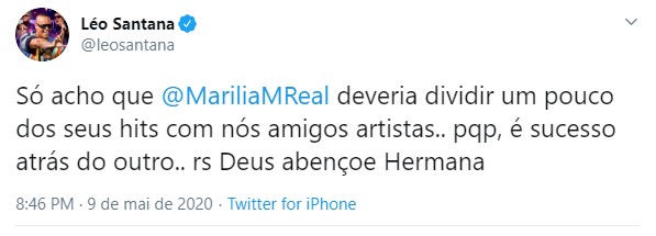 Leo Santana comenta live de Marilia Mendonça (Foto: Reprodução/Twitter) Leo Santana comenta live de Marilia Mendonça (Foto: Reprodução/Twitter)