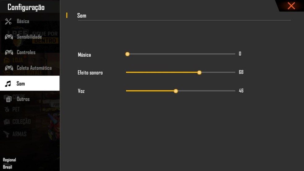 Nas configurações, é possível aumentar os efeitos sonoros dos passos e tiros no Free Fire — Foto: Reprodução/Leandro Eduardo