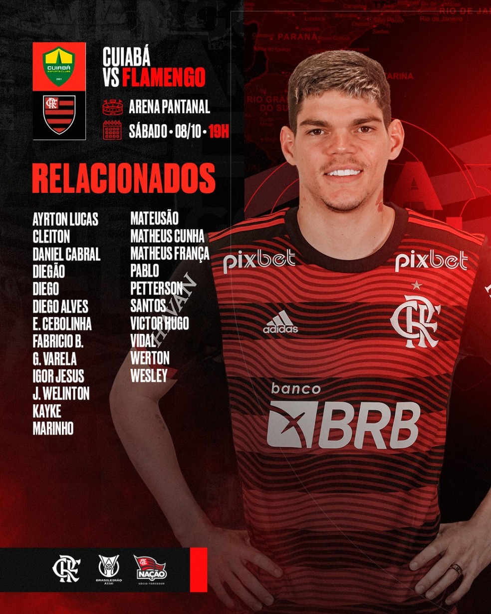 Os relacionados do Flamengo para encarar o Cuiab&aacute; &mdash; Foto: Divulga&ccedil;&atilde;o