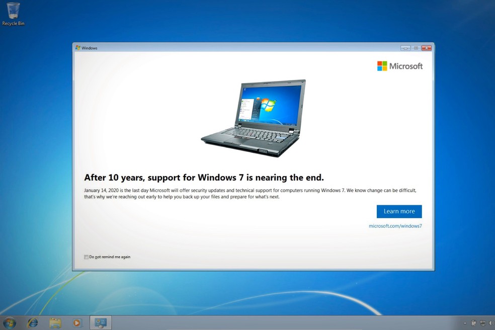 Notificação do Windows 7 enfatiza dez anos de vida do sistema — Foto: Reprodução/TechCrunch