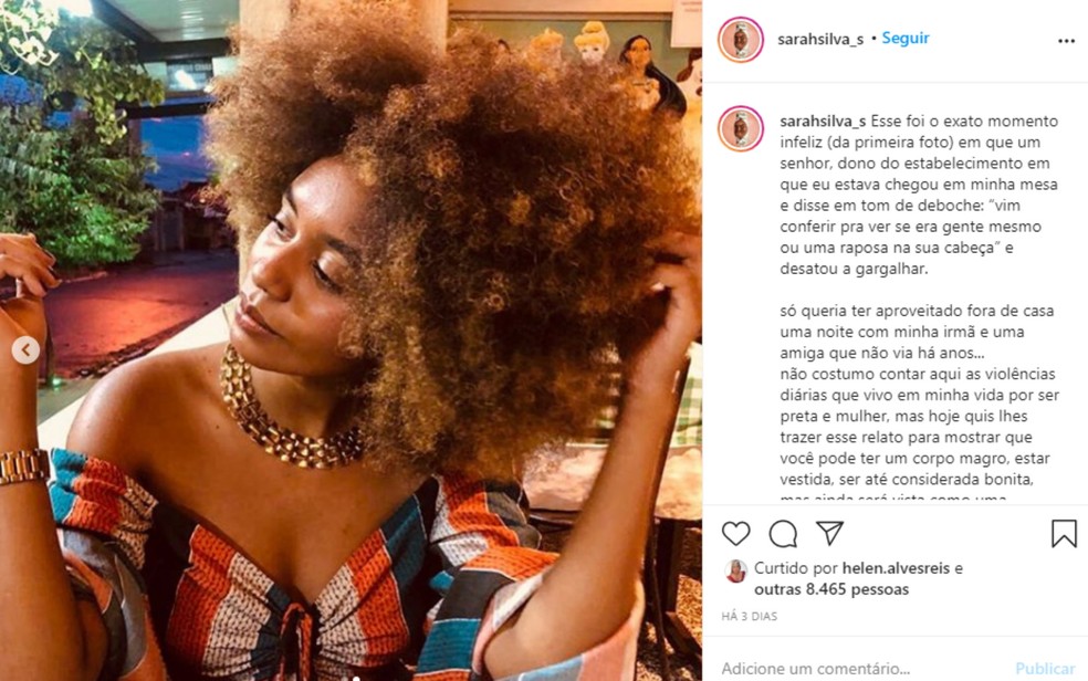 Sarah Silva Ferreira diz que sofreu injúria racial em bar de Goiânia, Goiás — Foto: Reprodução/Instagram