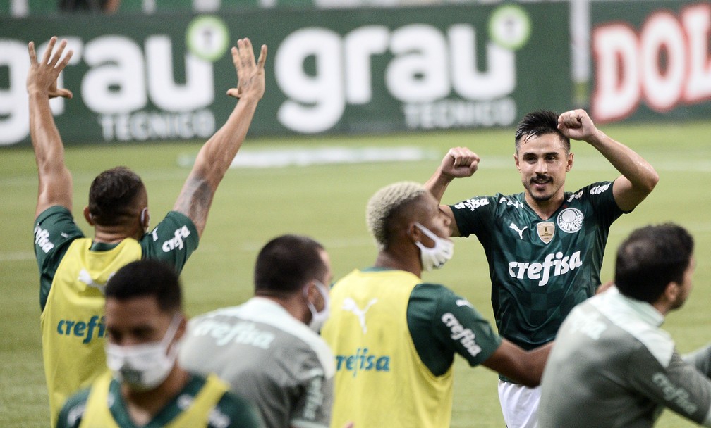 A comemoração do segundo gol do Palmeiras contra o Santos — Foto: Marcos Ribolli