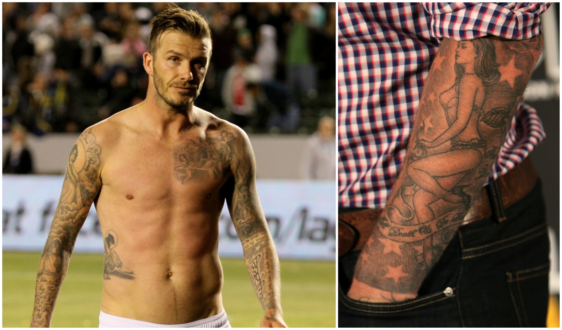 O ex-jogador de futebol britânico David Beckham tem um monte de tatuagens. Três delas são dedicadas à esposa, Victoria: o nome dela em hindi, a data do noivado com ela, e uma pin-up no braço esquerdo inspirada na estilista e ex-Spice Girl. (Foto: Getty Images)
