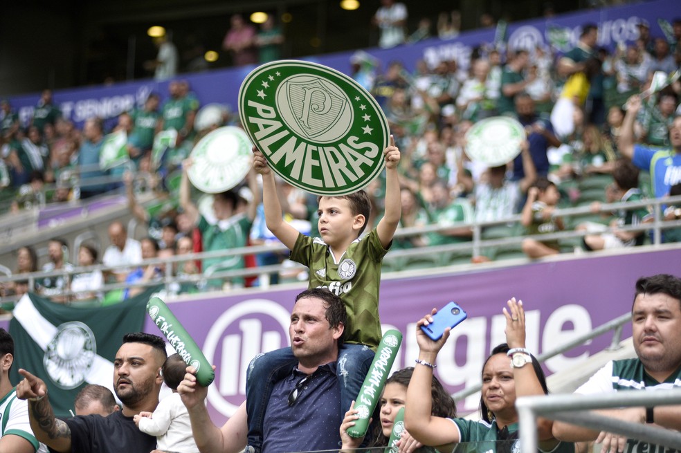 Pequeno torcedor segura símbolo do Palmeiras na arena — Foto: Marcos Ribolli