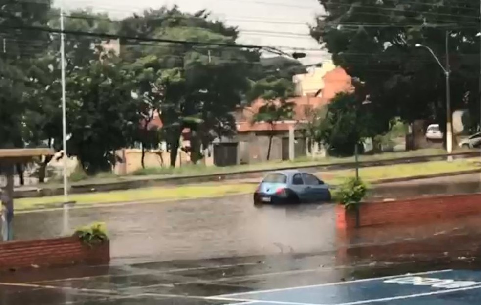 Carro passa em trecho alagado da Av. Carlos de Campos, em Campinas (SP) — Foto: Caio Moreira Furlan
