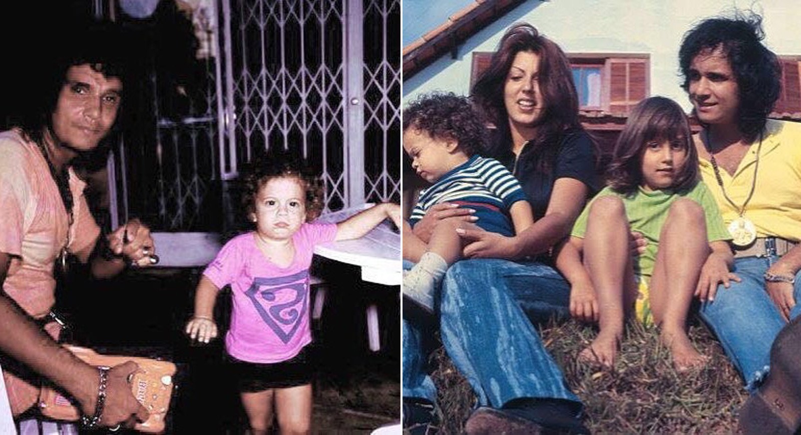 Roberto Carlos com o filho, Dudu Braga na infância (à esquerda); Nice, mãe de Dudu, com Dudu, a irmã Ana Paula e Roberto Carlos (à direita) (Foto: Reprodução/Instagram)
