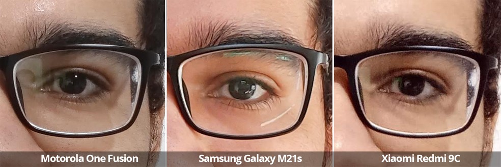 Comparativo das câmeras frontais do Motorola One Fusion, Samsung Galaxy M21s e Xiaomi Redmi 9C sob luz interna em detalhe. — Foto: Arquivo pessoal