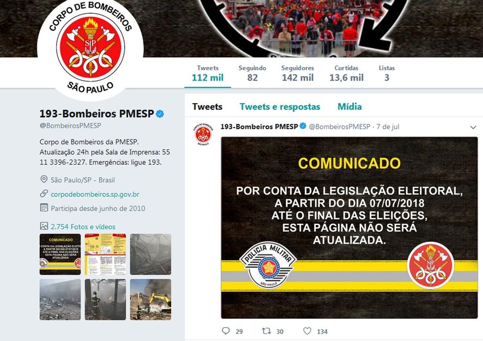 Twitter do Corpo de Bombeiros informa que ocorrências não serão mais alertadas para imprensa e público em geral (Foto: Reprodução/TV Globo)