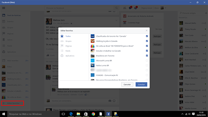 Facebook do Windows 10 tem atalhos que podem ser editados na barra de navegação (Foto: Reprodução/Elson de Souza)