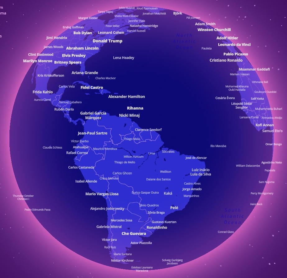 Mapa interativo permite verificar as pessoas mais notáveis nascidas nas principais cidades do mundo