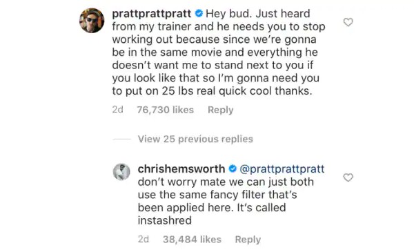 A brincadeira feita por Chris Pratt no Instagram de Chris Hemsworth e a resposta do amigo (Foto: Instagram)