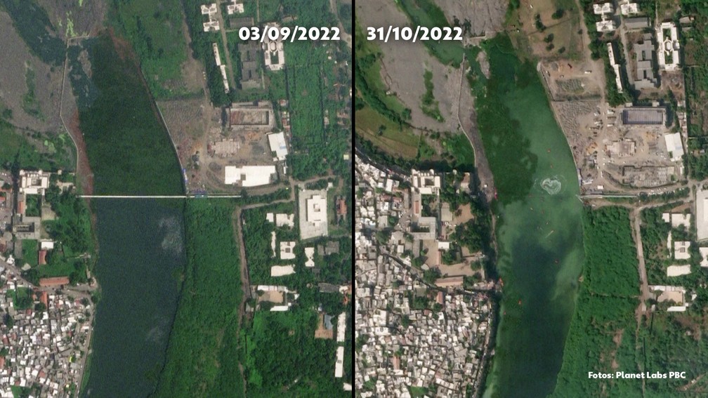 Imagens de satélite mostram antes e depois da ponte que caiu na Índia — Foto: Planet Labs PBC via Reuters