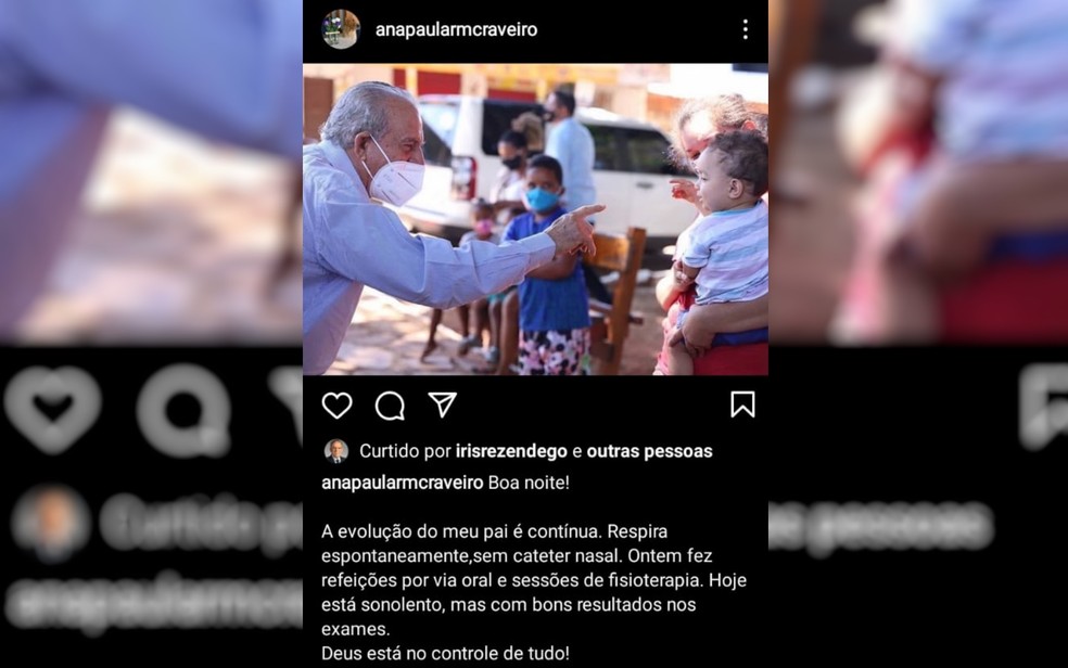 Publicação de Ana Paula Rezende, filha de Iris, falando sobre estado de saúde do pai — Foto: Reprodução/Instagram