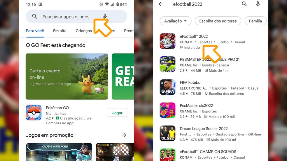 Na Google Play Store, toque no campo de busca na parte superior da tela e busque por eFootball 2022 — Foto: Reprodução/Rafael Monteiro