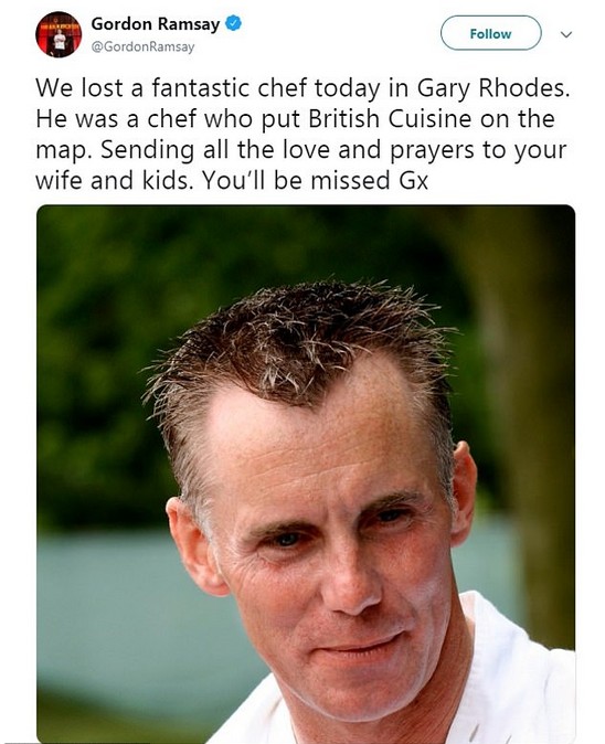 A homenagem do chef e apresentador Gordon Ramsey ao colega Gary Rhodes (Foto: Twitter)