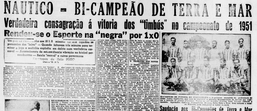 Diario de Pernambuco noticia o primeiro bicampeonato do Náutico, em 1951 — Foto: Reprodução