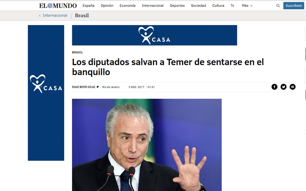 Rejeição de denúncia pela Câmara foi noticiada pelo 'El Mundo' (Foto: Reprodução/El Mundo)