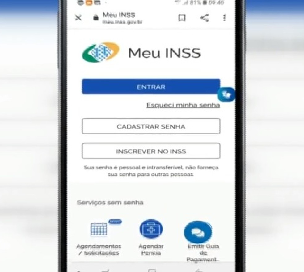 Tela inicial do aplicativo MEU INSS — Foto: Reprodução EPTV