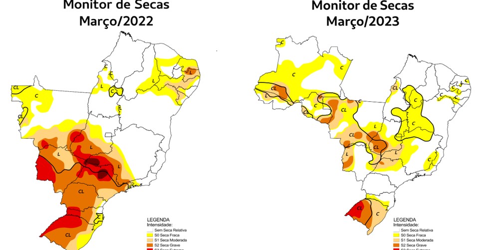Em relação ao ano passado, a seca fraca englobava parte da Região do Cariri, Sertão do Crateús, Vale do Jaguaribe e parte do Litoral-Leste.  — Foto: Monitor de Secas/Reprodução