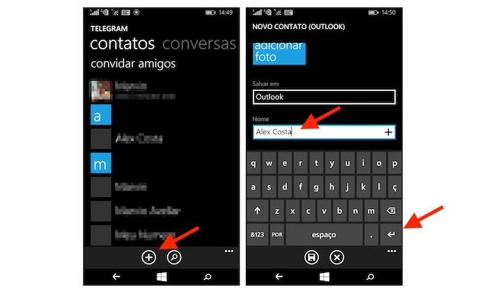 Iniciando o processo para adicionar um amigo no Telegram para Windows Phone (Foto: Reprodução/Marvin Costa)