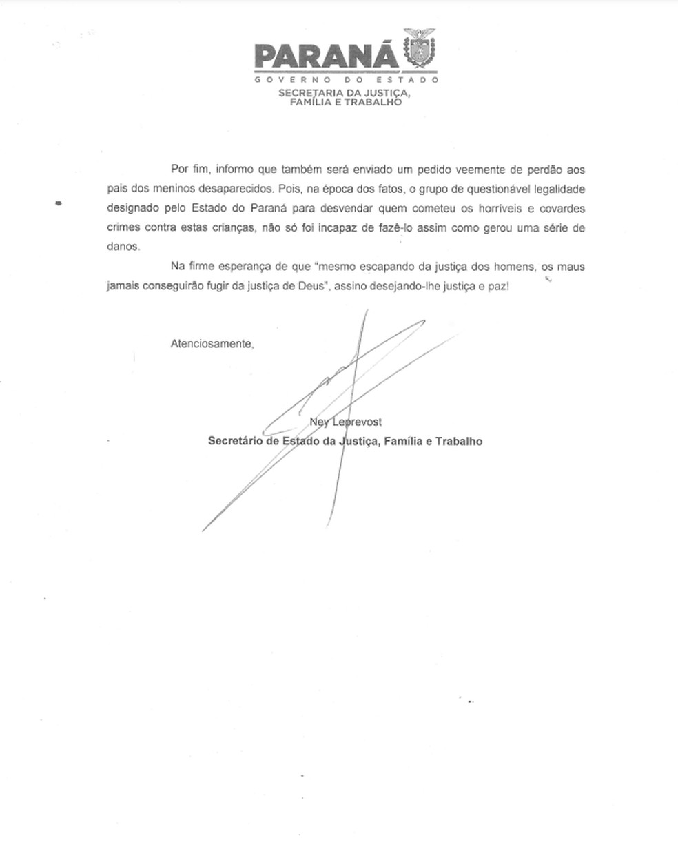Em documento, secretário cita "torturas gravíssimas" contra condenados — Foto: Reprodução/Governo do Paraná