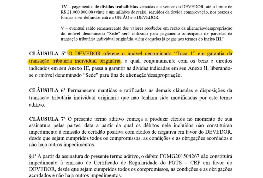 Aditivo de acordo entre Cruzeiro e PGFN, feito em agosto de 2021, tem como garantia a Toca 1 — Foto: Reprodução