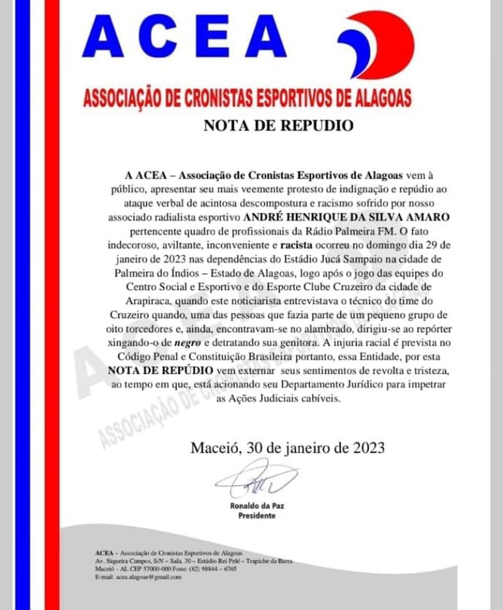 ACEA emite nota de repúdio após denúncia de racismo no Alagoano  — Foto: ACEA