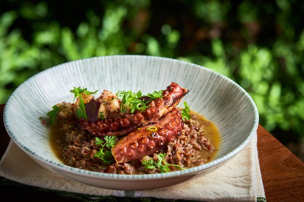 Polvo grelhado, servido com arroz vermelho de porco (Foto: Rodolfo Regini)