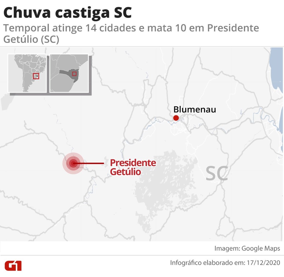 mapa mostra localização de Presidente Getúlio, onde a chuva deixou mortos — Foto: Arte-G1