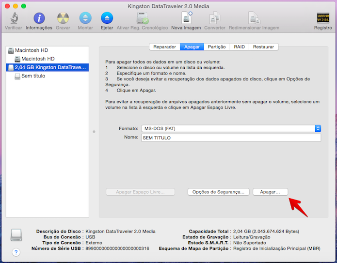 Formatando pen drive no Mac OS X (Foto: Reprodução/Helito Bijora) 