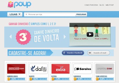 Site Poup fechou parceria com grandes lojas de e-commerce e promete devolver até 12% do valor da compra ao consumidor (Foto: Reprodução)