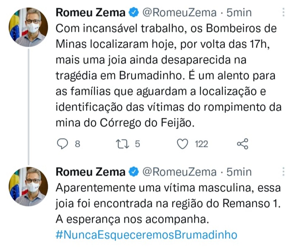 Romeu Zema comenta o encontro de mais um corpo de vítima da tragédia em Brumadinho. — Foto: Redes sociais