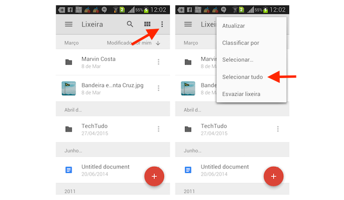 Selecionando todos os arquivos na lixeira do Google Drive para Android (Foto: Reprodução/Marvin Costa)