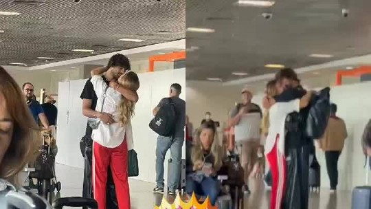 Grazi Massafera e Marlon Teixeira trocam beijos em aeroporto; VÍDEO