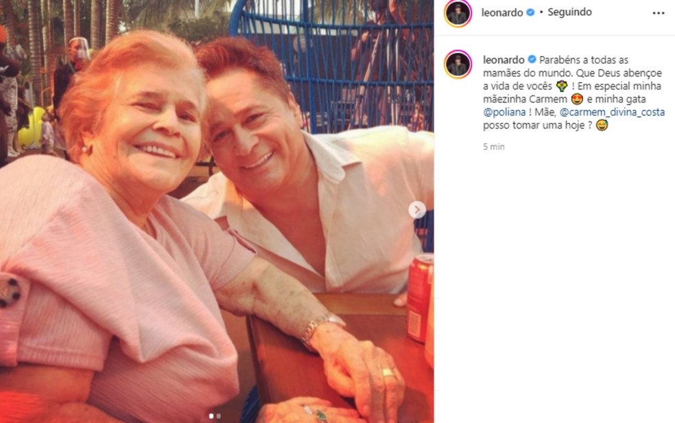 Cantor Leonardo homenageia a mãe, Carmem, no Dia das Mães — Foto: Reprodução/Instagram