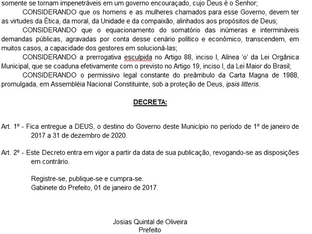Decreto do prefeito Josias Quintal (Foto: Portal da Transparência Santo Antonio de Pádua/Reprodução) Decreto do prefeito Josias Quintal (Foto: Portal da Transparência Santo Antonio de Pádua/Reprodução)