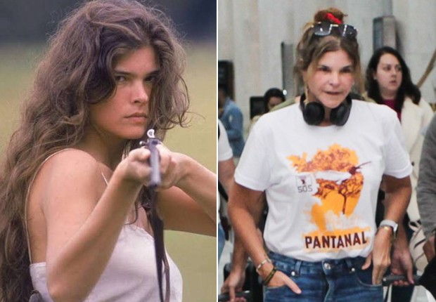 Cristiana Oliveira como Juma em 1990 e em 2022, usando camiseta com estampa do Pantanal (Foto: Reprodução/TV Manchete e Fabricio Pioyani/AgNews)