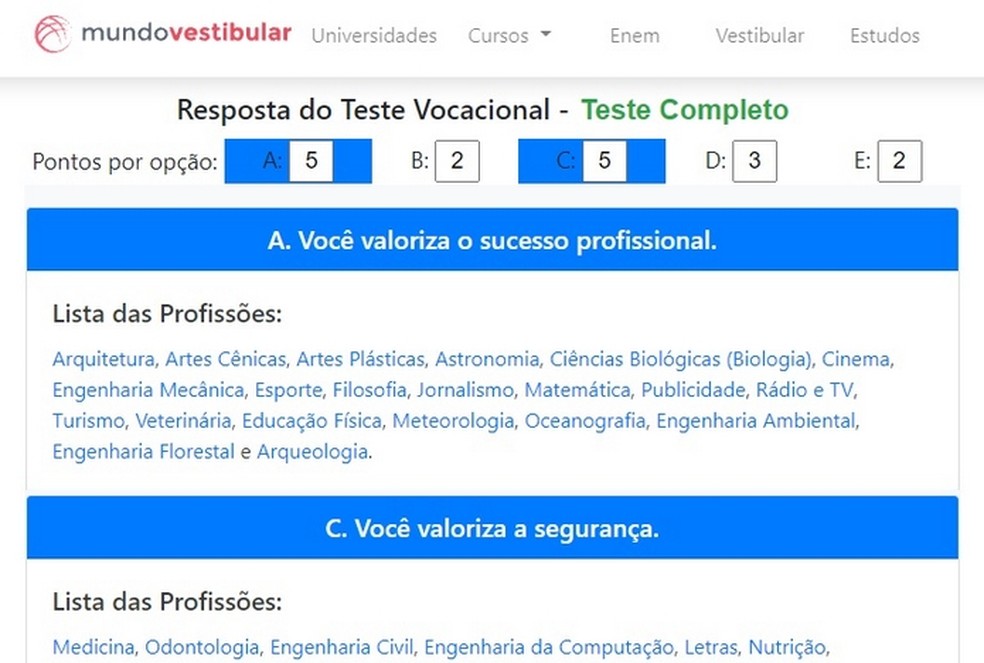 Teste vocacional do Mundo Vestibular lista profissões recomendadas para respondente — Foto: Reprodução/Raquel Freire