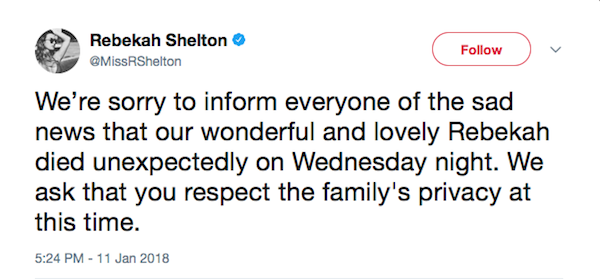 O tuíte anunciando a morte da celebridade brasileira Rebekah Shalton (Foto: Twitter)