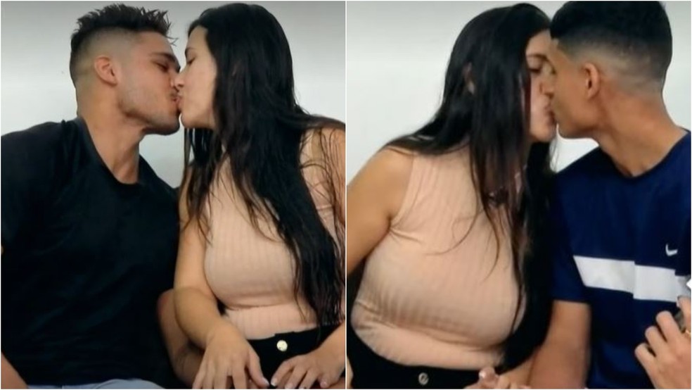 Larissa beijando Ítalo, com quem está junta há 8 anos, e João Victor, que chegou há um ano no relacionamento. — Foto: Reprodução/ TVM