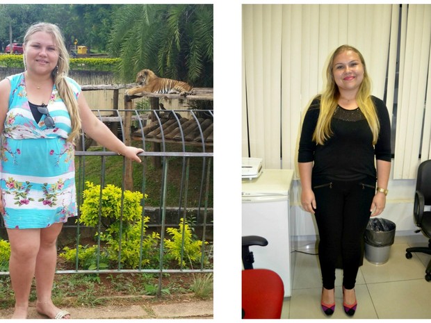 Simony chegou a pesar 103 quilos e diz que a reeducação alimentar já faz parte da sua vida  (Foto: Arquivo pessoal e Tácita Muniz/G1)