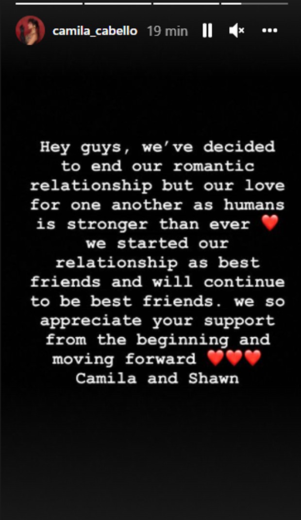 Shawn Mendes e Camila Cabello terminam namoro (Foto: Reprodução/Instagram)