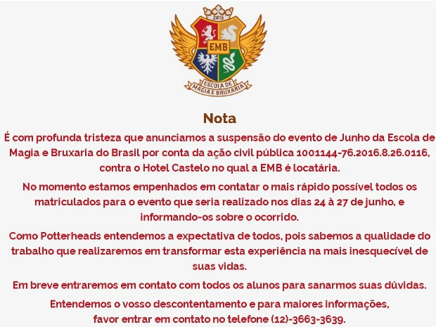 Nota da escola no site (Foto: Reprodução/Escola de Magia e Bruxaria)