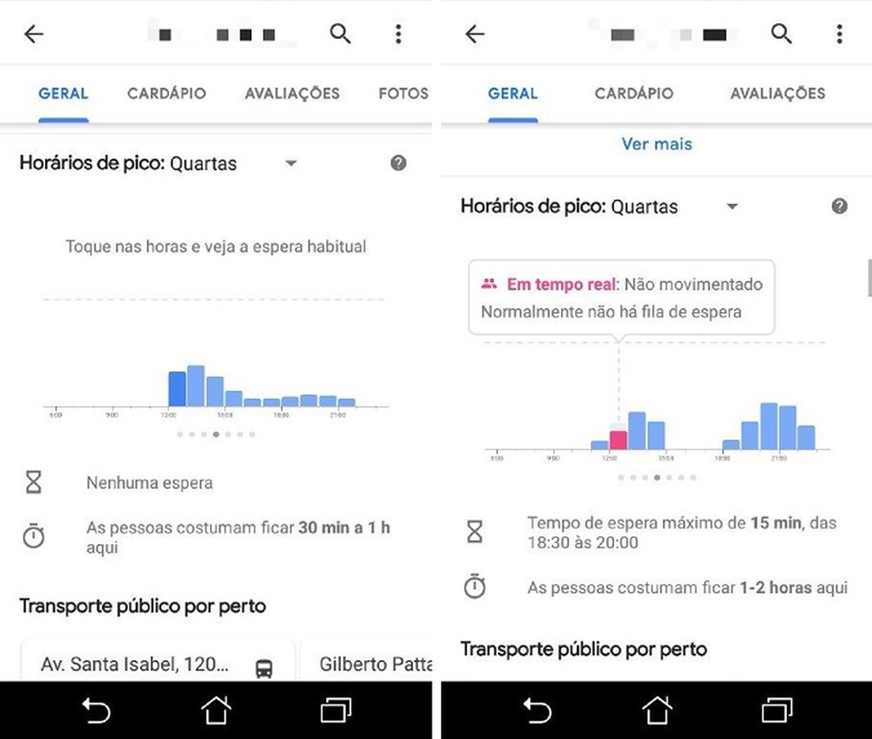 Com o Google Maps, é possível consultar o tempo de espera de estabelecimentos comerciais — Foto: Reprodução/Maria Dias